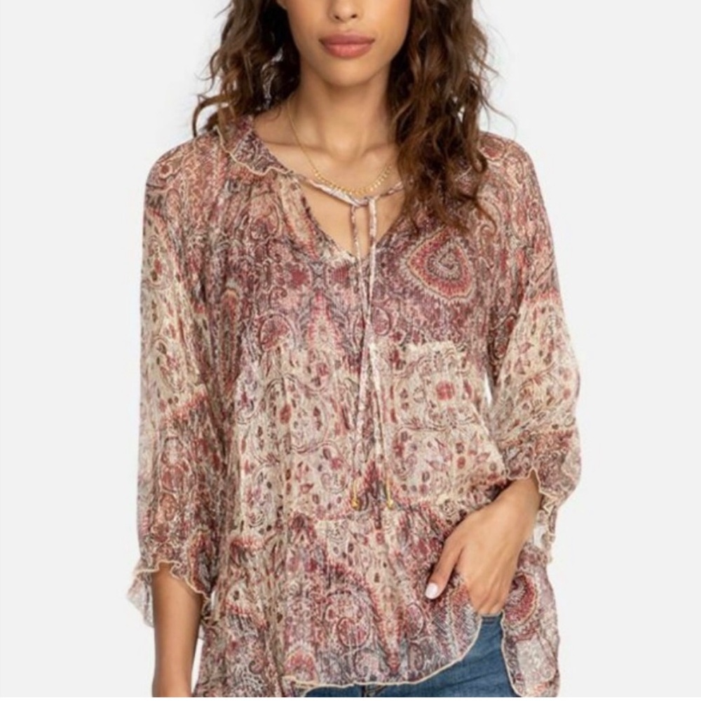 Johnny Was Bilbao Tiered Top, silk with metallic threads